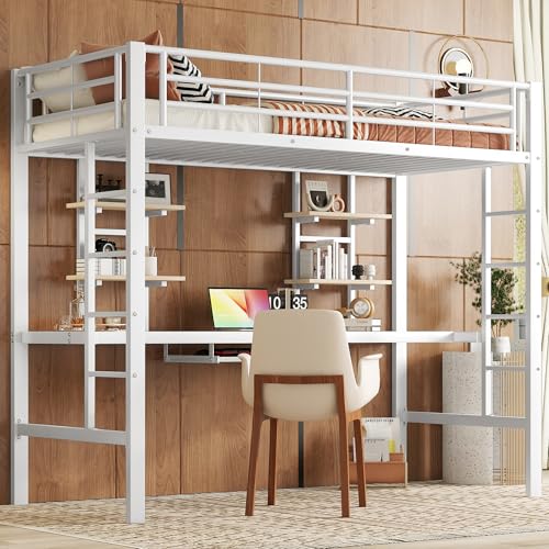 Pangshiyuan Hochbett, 90x200 cm Metallbett mit L-förmigem Schreibtisch, 2 Bücherregalen, für Kinder, Jugendliche und Erwachsene, Weiß Pangshiyuan Hochbett, 90x200 cm Metallbett mit L-förmigem Schreibtisch, 2 Bücherregalen, für Kinder, Jugendliche und Erwachsene, Weiß von Pangshiyuan