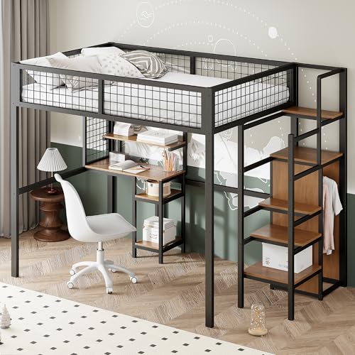 Pangshiyuan Hochbett 140x200 cm mit Sicherheitsleiter, Metallrahmen Kinderbett mit Kleiderschrank und Computertisch, Platzsparendes Design, Schwarz, 245x145x180 cm von Pangshiyuan