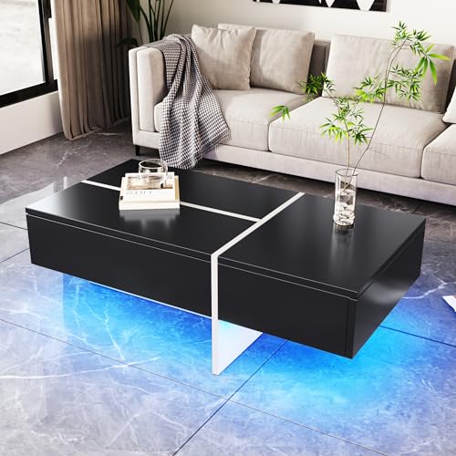 Pangshiyuan Hochglänzender Couchtisch mit App-gesteuertem LED-Beleuchtungssystem, schwarz-weiße Colorblock-Struktur, 100x50x34,5 cm, Wohnzimmermöbel mit Stauraum und 3 Schubladen von Pangshiyuan