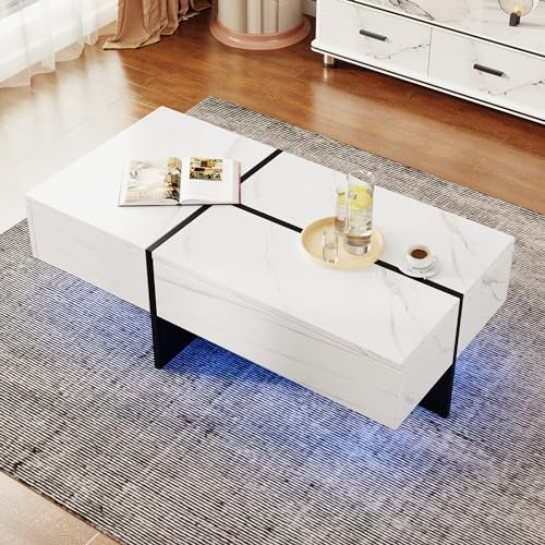 Pangshiyuan Hochglänzender Couchtisch mit Marmorimitat-Struktur und App-gesteuertem LED-Beleuchtungssystem, Schwarz-Weiß Design, 100x50x34,5 cm, Wohnzimmermöbel mit Stauraum von Pangshiyuan