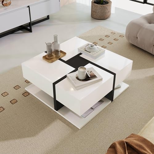 Pangshiyuan Hochglanz Couchtisch mit 4 Schubladen, quadratisches Design, Stauraum unten, Weiß, 78x78x36cm von Pangshiyuan