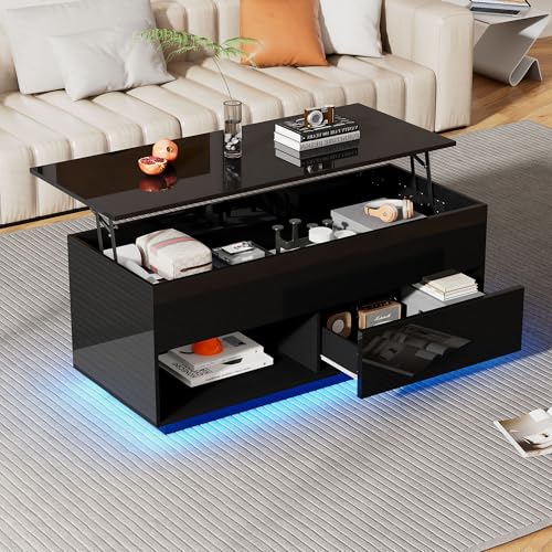 Pangshiyuan Hochglanz-Lift-Top Couchtisch mit LED-Beleuchtung, Multifunktionaler Kaffeetisch mit Stauraum, Schwarz, 100x50x55cm, Höhenverstellbare Tischplatte, USB betrieben von Pangshiyuan