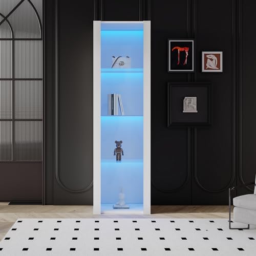 Pangshiyuan Hochglanz Vitrine Weiß mit LED-Beleuchtung, 3 Glaseinlegeböden, APP-Steuerung, 55x38x166cm, Standvitrine Wohnzimmer Aufbewahrungsschrank mit Glasfront von Pangshiyuan