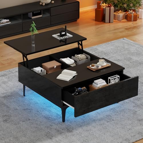 Pangshiyuan Höhenverstellbarer Couchtisch mit 2 Schubladen, Schwarzer Hochglanz Sofatisch mit LED-Licht, Multifunktional, Schreibtisch mit Stauraum, 70x70x35cm Pangshiyuan Höhenverstellbarer Couchtisch mit 2 Schubladen, Schwarzer Hochglanz Sofatisch mit LED-Licht, Multifunktional, Schreibtisch mit Stauraum, 70x70x35cm von Pangshiyuan
