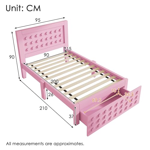 Pangshiyuan Holzbett Einzelbett 90x200 cm, Kinderbett mit Kreativem Block Design, Massivholz Bettgestell, Schubladen & Stauraum, Rosa, ohne Matratze Pangshiyuan Holzbett Einzelbett 90x200 cm, Kinderbett mit Kreativem Block Design, Massivholz Bettgestell, Schubladen & Stauraum, Rosa, ohne Matratze von Pangshiyuan