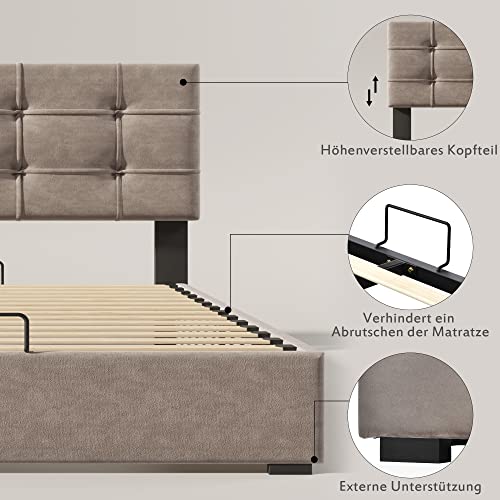 Pangshiyuan Hydraulisches Doppelbett 140x200cm mit verstellbarem Kopfteil, Lattenrost aus Metallrahmen, Samt, Stauraum, Inklusive Matratze, Hellgrau von Pangshiyuan