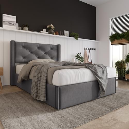 Pangshiyuan Hydraulisches Einzelbett mit Stauraum, 90x200 cm, Polsterbett mit verstellbarem Kopfteil, Lattenrost aus Metallrahmen, Baumwolle, Grau (Mit Matratze) von Pangshiyuan