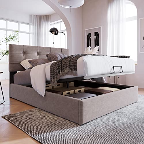 Pangshiyuan Hydraulisches Einzelbett mit verstellbarem Kopfteil, USB Ladefunktion und LED-Beleuchtung, Stauraumbett 90x200 cm, Lattenrost, Samt, Modernes Bettgestell, Hellgrau (Inklusive Matratze) von Pangshiyuan