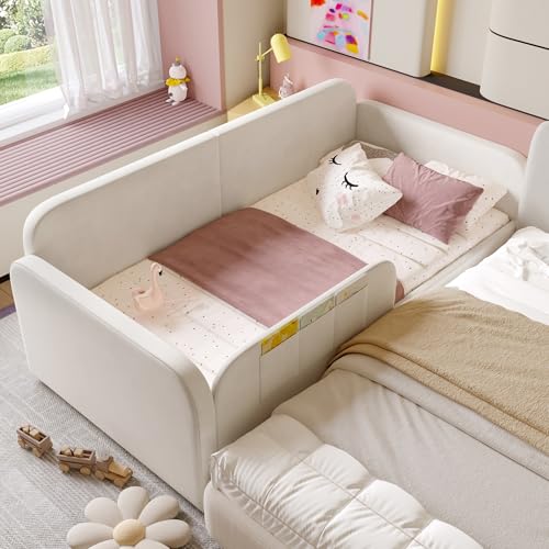 Pangshiyuan Kinder-Spleißbett, Polsterbett mit 2 Schubladen und 3 Taschen, verstellbare Absturzsicherung, 90x200cm, mit Metallbettgestell, Weiß von Pangshiyuan