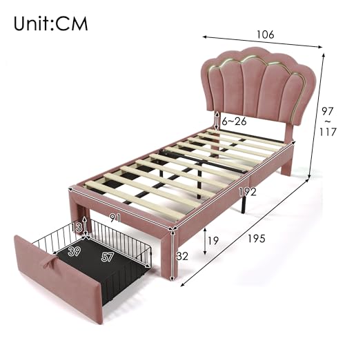 Pangshiyuan Kinderbett LED Einzelbett 90x190 cm mit Schubladen, Polsterbett mit App-Control RGB LED, Verstellbares Kopfteil, Lattenrost, Stauraum, Rosa Samt Pangshiyuan Kinderbett LED Einzelbett 90x190 cm mit Schubladen, Polsterbett mit App-Control RGB LED, Verstellbares Kopfteil, Lattenrost, Stauraum, Rosa Samt von Pangshiyuan