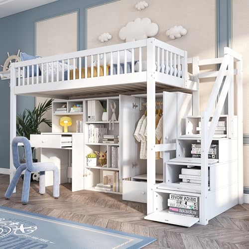 Pangshiyuan Kinderbett mit Schreibtisch, Treppe, Schließfächern und Kleiderschrank, Multifunktionales Einzelbett aus Massivholz und MDF, 90x200 cm, Weiß, ohne Matratze Pangshiyuan Kinderbett mit Schreibtisch, Treppe, Schließfächern und Kleiderschrank, Multifunktionales Einzelbett aus Massivholz und MDF, 90x200 cm, Weiß, ohne Matratze von Pangshiyuan