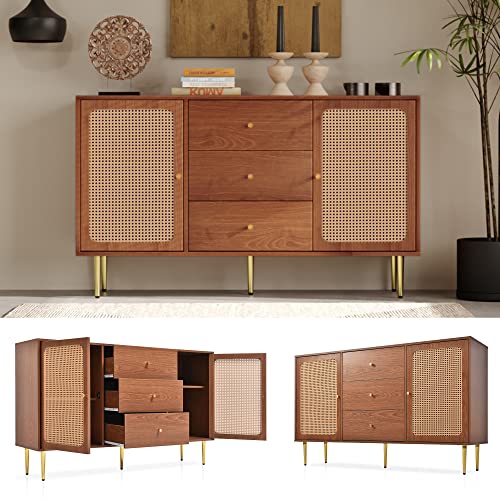 Pangshiyuan Kommode mit 2 Türen & 3 Schubladen, Rattan Sideboard mit verstellbaren Regalen, Aufbewahrungsschrank aus Holz & Metall für Wohnzimmer Schlafzimmer, Nussbaum 150x40x90cm von Pangshiyuan