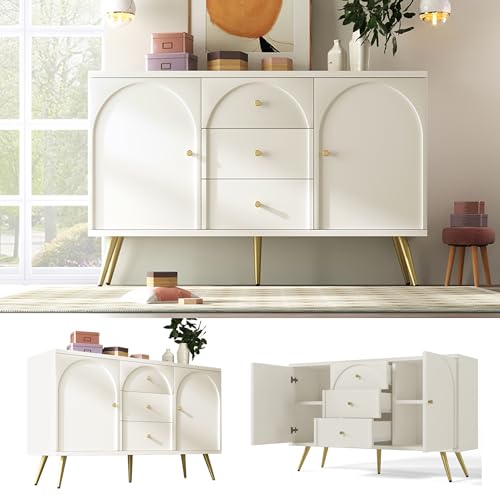 Pangshiyuan Kommode mit 2 Türen und 3 Schubladen, Sideboard, Highboard für Wohnzimmer & Schlafzimmer, Creme-Weiß, Höhenverstellbare Ablage, 120x75x40 cm von Pangshiyuan
