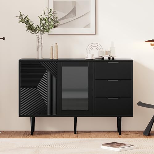 Pangshiyuan Kommode mit 3 Schubladen und 2 Türen, Schwarzer Schuhschrank mit Glastüren und Metalfüßen, Moderner Stauraum für Wohnzimmer und Flur, 120x38x79.5 cm von Pangshiyuan