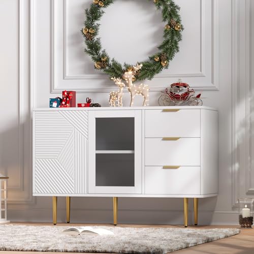 Pangshiyuan Kommode mit 3 Schubladen und 2 Türen, Weißer Stauraum-Schrank mit Glastüren und Metalfüßen, Moderne Aufbewahrung für Wohnzimmer und Flur, 120x38x79.5 cm Pangshiyuan Kommode mit 3 Schubladen und 2 Türen, Weißer Stauraum-Schrank mit Glastüren und Metalfüßen, Moderne Aufbewahrung für Wohnzimmer und Flur, 120x38x79.5 cm von Pangshiyuan