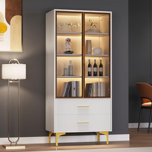 Pangshiyuan LED Glasvitrine Weiß 70x35x150 cm mit Glastüren & Schubladen, Standvitrine mit verstellbaren Regalen & goldenen Füßen, Hochschrank für Wohnzimmer Esszimmer Büro von Pangshiyuan