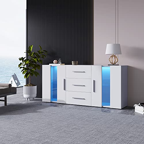 Pangshiyuan LED Lowboard Weiß 140x35x70 cm, TV-Schrank mit Glastüren & 3 Schubladen, Sideboard Kommode für Wohnzimmer Schlafzimmer Esszimmer, Fernsehschrank mit RGB Beleuchtung von Pangshiyuan