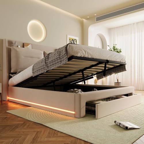 Pangshiyuan LED Polsterbett 140 cm mit hydraulischem Stauraum, 2-in-1 Stauraumschubladen, LED-Beleuchtung, Samt, Beige, Lattenrost, ohne Matratze Pangshiyuan LED Polsterbett 140 cm mit hydraulischem Stauraum, 2-in-1 Stauraumschubladen, LED-Beleuchtung, Samt, Beige, Lattenrost, ohne Matratze von Pangshiyuan