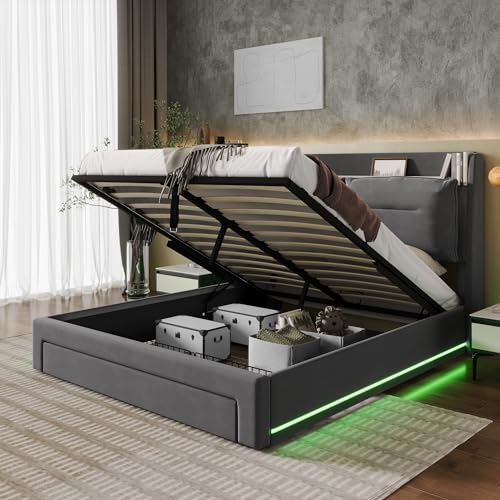 Pangshiyuan LED Polsterbett 160 cm mit hydraulischem Stauraum, 2-in-1 Stauraumschubladen, LED-Beleuchtung, Samt, Dunkelgrau, Lattenrost, ohne Matratze Pangshiyuan LED Polsterbett 160 cm mit hydraulischem Stauraum, 2-in-1 Stauraumschubladen, LED-Beleuchtung, Samt, Dunkelgrau, Lattenrost, ohne Matratze von Pangshiyuan