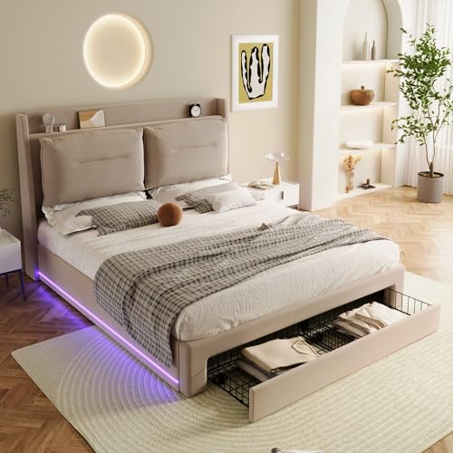 Pangshiyuan LED Polsterbett 180 cm mit hydraulischem Stauraum, 2-in-1 Stauraumschubladen, LED-Beleuchtung, Samt, Beige, Lattenrost, ohne Matratze, modernes Design Pangshiyuan LED Polsterbett 180 cm mit hydraulischem Stauraum, 2-in-1 Stauraumschubladen, LED-Beleuchtung, Samt, Beige, Lattenrost, ohne Matratze, modernes Design von Pangshiyuan