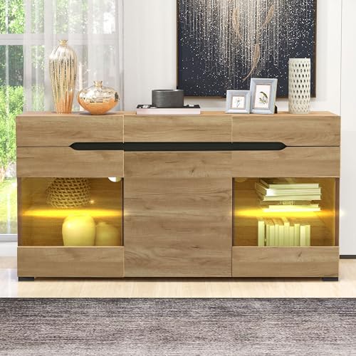 Pangshiyuan LED-Sideboard in Holzoptik, Kommode mit 3 Türen & 3 Schubladen, Wohnzimmer Anrichte 140x35x80 cm, Stauraumschrank aus Spanplatte mit Beleuchtung, USB, Eiche Pangshiyuan LED-Sideboard in Holzoptik, Kommode mit 3 Türen & 3 Schubladen, Wohnzimmer Anrichte 140x35x80 cm, Stauraumschrank aus Spanplatte mit Beleuchtung, USB, Eiche von Pangshiyuan