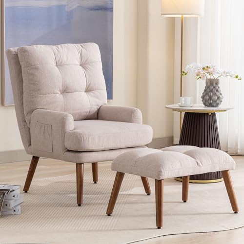 Pangshiyuan Loungesessel mit Fußstütze, 5-Fach Verstellbarer Relaxstuhl mit Seitentaschen, Pull-Point-Oberfläche, ergonomischer Ruhesessel aus Holz & Schaumstoff, beige von Pangshiyuan