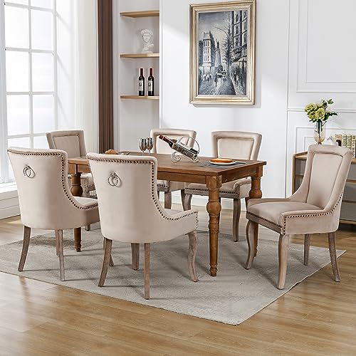Pangshiyuan Luxuriöser Esszimmerstuhl mit Samtbezug, Polsterstuhl mit Nagelkopfbesatz, Massivholzbeine, Ergonomisch, Moderner Küchenstuhl, Beige, 6 Stühle Set von Pangshiyuan