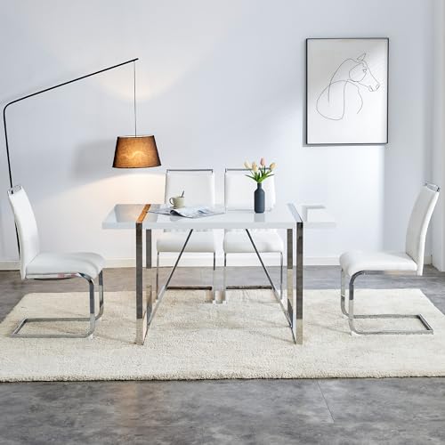 Pangshiyuan Moderne Esszimmerstühle 2er Set, PU Kunstleder & Leinen Rückenlehne, hoher Rücken gepolstert Side Chair, Querstreifen Design, für Esszimmer, Küche, Gäste Büro, Weiß Pangshiyuan Moderne Esszimmerstühle 2er Set, PU Kunstleder & Leinen Rückenlehne, hoher Rücken gepolstert Side Chair, Querstreifen Design, für Esszimmer, Küche, Gäste Büro, Weiß von Pangshiyuan