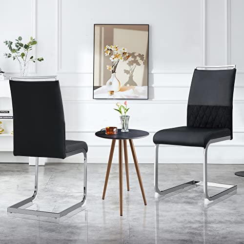 Pangshiyuan Moderne Esszimmerstühle 2er Set, PU Kunstleder und Leinen Rückenlehne, hoher Rücken gepolstert Side Chair, Querstreifen Rückenlehne Design, für Esszimmer, Küche, Bürostuhl, Schwarz von Pangshiyuan