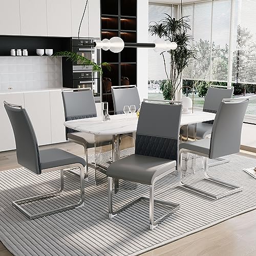 Pangshiyuan Moderne Esszimmerstühle 6er Set, PU Kunstleder & Leinen Rückenlehne, hoher Rücken gepolstert Side Chair, Querstreifen Design, für Esszimmer, Küche, Gäste Büro, Grau von Pangshiyuan