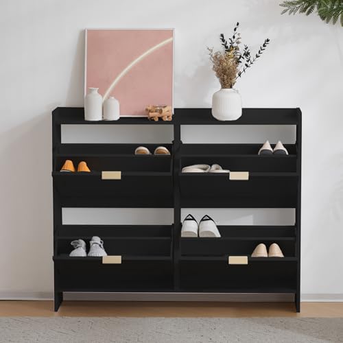 Pangshiyuan Moderne Schuhschrank mit 4 Klappenfächern, freistehendem Schuhregal, offenen Ablageflächen, für Eingangsbereich, Flur, Schwarz, B110 x H90 x T24 cm von Pangshiyuan