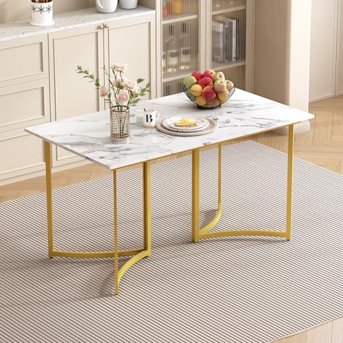 Pangshiyuan Moderner Esstisch mit MDF Marmoroptik Tischplatte, Gebogene Metallbeine, Verstellbare Füße, Esszimmertisch Küchentisch, Weiß Gold, 140 x 80 x 75.5 cm von Pangshiyuan