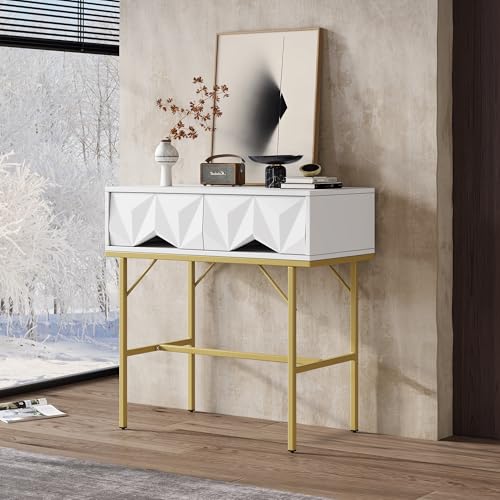Pangshiyuan Moderner Konsolentisch mit MDF und Metall, Geometrisches Schubladen-Hohldesign, Flurmöbel Wohnzimmer, Weiß Gold, 80.0x40.0x80.0cm Pangshiyuan Moderner Konsolentisch mit MDF und Metall, Geometrisches Schubladen-Hohldesign, Flurmöbel Wohnzimmer, Weiß Gold, 80.0x40.0x80.0cm von Pangshiyuan