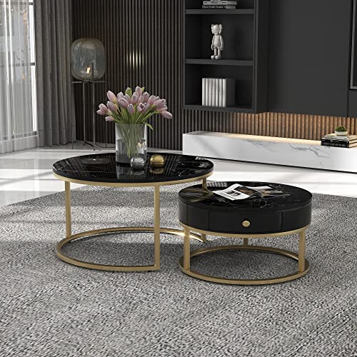 Pangshiyuan Moderner Nesting Couchtisch Hochglanz Marmormuster 2er Set runde Couchtische Runder Nested Beistelltisch von Pangshiyuan