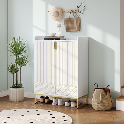Pangshiyuan Moderner Schuhschrank, 75x37x105 cm, Weiß matt, mit goldenen Metallbeinen & Türen, MDF, 4 Einlegeböden, platzsparender Flurschrank zur Schuhaufbewahrung für Eingangsbereich von Pangshiyuan