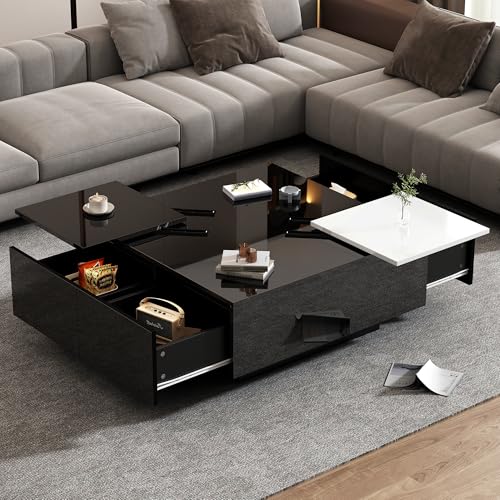 Pangshiyuan Moderner hochglänzender schwarzer Couchtisch mit 4 Schubladen, 75x75x33,5cm, mit verschiebbarer Tischplatte in Weiß, für Wohnzimmer, Schlafzimmer, Büro, max. Belastbarkeit 30 kg von Pangshiyuan