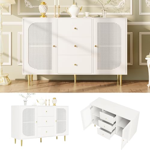 Pangshiyuan Modernes Weißes Sideboard mit Rattantüren, Multifunktionaler Aufbewahrungsschrank für Küche, Wohnzimmer und Esszimmer, 120×40×90cm von Pangshiyuan