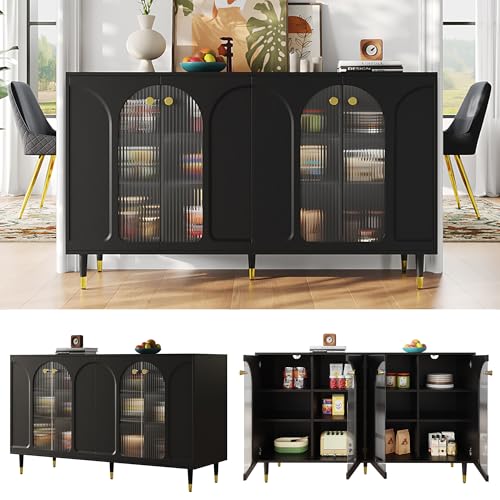 Pangshiyuan Modernes schwarzes Sideboard (140 x 40 x 85 cm) mit Changhong-Glastür, goldene Metallakzente, viel Stauraum, geeignet für Esszimmer, Wohnzimmer oder Küche von Pangshiyuan