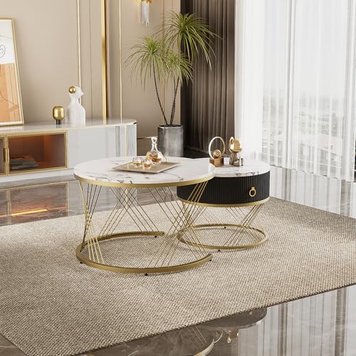 Pangshiyuan Modular Coffee Table Set with Marble Design, Gold Accents, Adjustable Feet, 2-Piece Set, MDF and Metal, Stylish Storage for Living Room, White and Gold, 70x70x45cm + 50x50x40cm Pangshiyuan Modular Coffee Table Set with Marble Design, Gold Accents, Adjustable Feet, 2-Piece Set, MDF and Metal, Stylish Storage for Living Room, White and Gold, 70x70x45cm + 50x50x40cm von Pangshiyuan