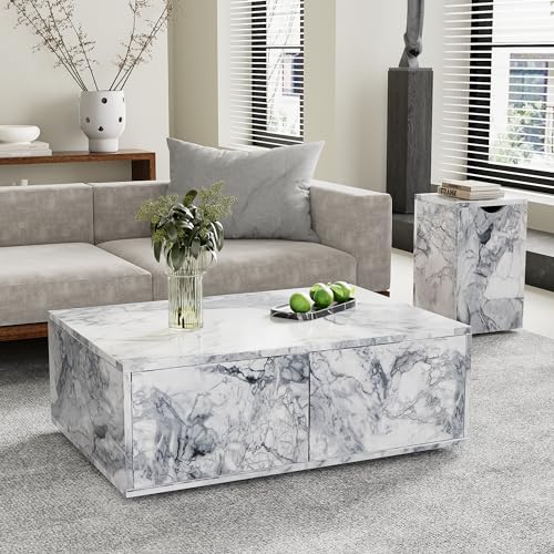 Pangshiyuan Modularer Couchtisch-Set mit Marmoroptik, Beistelltisch mit Stauraum, Flexible Nutzung, 2er-Set, für Wohnzimmer, Balkon, MDF, 100x33.5x70 cm + 32x32x50 cm von Pangshiyuan