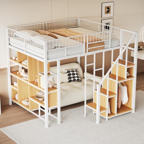 Pangshiyuan Multifunktionales Hochbett 140 x 200 cm, Metallbett mit Stauraum, Ablageflächen und Treppe, geeignet für Kinder und Erwachsene, Weiß Pangshiyuan Multifunktionales Hochbett 140 x 200 cm, Metallbett mit Stauraum, Ablageflächen und Treppe, geeignet für Kinder und Erwachsene, Weiß von Pangshiyuan
