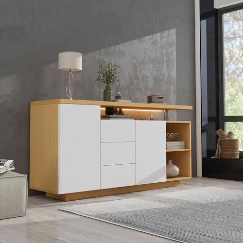 Pangshiyuan Multifunktionales Sideboard mit LED-Beleuchtung, 140 cm, Weiß und Holzimitat, 2 Türen, 3 Schubladen, 2 offene Fächer, Verstellbare Trennwände von Pangshiyuan