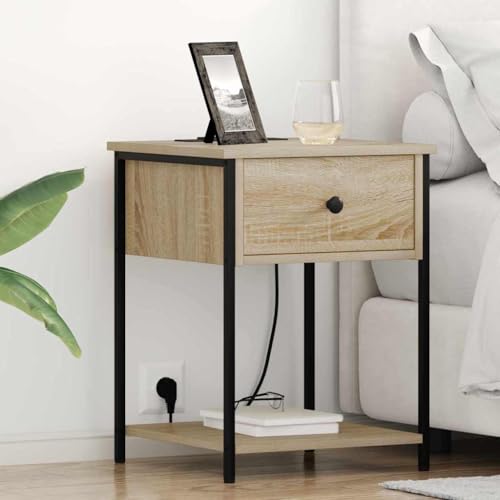 Pangshiyuan Nachttisch Modern mit Holzwerkstoff und Stahlrahmen, Texturierte Oberfläche Sonoma Eiche, Mit Schublade und Regal, Praktischer Beistelltisch für Schlafzimmer, 42W x 41D x 56H cm von Pangshiyuan