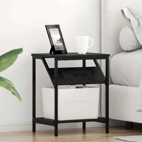 Pangshiyuan Nachttisch Set 2 Stück mit Stahlbeinen und integrierter Steckdose, Moderne Nachttische in Schwarzeiche, Schlankes Design mit Regal, Ideal für Schlafzimmer, 38W x 30D x 48H cm von Pangshiyuan