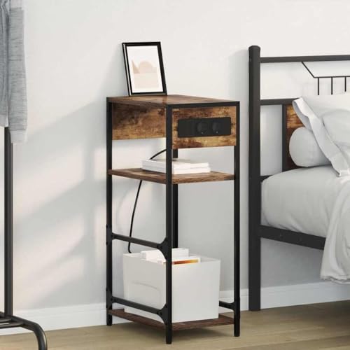 Pangshiyuan Nachttisch mit Schublade und Regal, Holzwerkstoff in Räuchereiche, Modernes Design mit Stahlbeinen, Stauraum für Schlafzimmer, Gästezimmer, 40W x 27D x 76H cm von Pangshiyuan