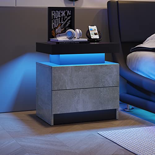 Pangshiyuan Nightstand LED Bedside Table Cabinet Lights Modern End Side with 2 Drawers for Bedroom (Gray) von Pangshiyuan