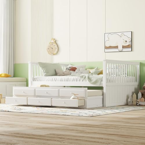 Pangshiyuan Podestbett, 90x200 cm mit Ausziehbett und 3 Schubladen, Kinderbett, Tagesbett, Massivholz, Weiß, 140x200 cm, mit Stauraum Pangshiyuan Podestbett, 90x200 cm mit Ausziehbett und 3 Schubladen, Kinderbett, Tagesbett, Massivholz, Weiß, 140x200 cm, mit Stauraum von Pangshiyuan