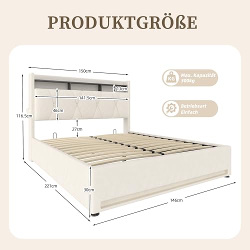 Pangshiyuan Polsterbett 140 x 200 cm mit LED-Beleuchtung, USB Type-C-Ladefunktion, Stauraum-Kopfteil, hydraulischer Stauraum-Lattenrost, Beige, Ohne Matratze Pangshiyuan Polsterbett 140 x 200 cm mit LED-Beleuchtung, USB Type-C-Ladefunktion, Stauraum-Kopfteil, hydraulischer Stauraum-Lattenrost, Beige, Ohne Matratze von Pangshiyuan