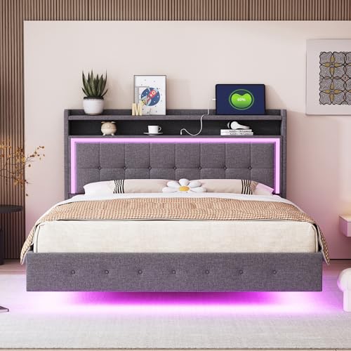 Pangshiyuan Polsterbett 140 x 200 cm mit USB-Steckdose und LED-Farbwechsel-Lichtleiste, Doppelbett mit Stauraum, Leinenstoff Grau, Lattenrost, Verstecktes Fußdesign Pangshiyuan Polsterbett 140 x 200 cm mit USB-Steckdose und LED-Farbwechsel-Lichtleiste, Doppelbett mit Stauraum, Leinenstoff Grau, Lattenrost, Verstecktes Fußdesign von Pangshiyuan