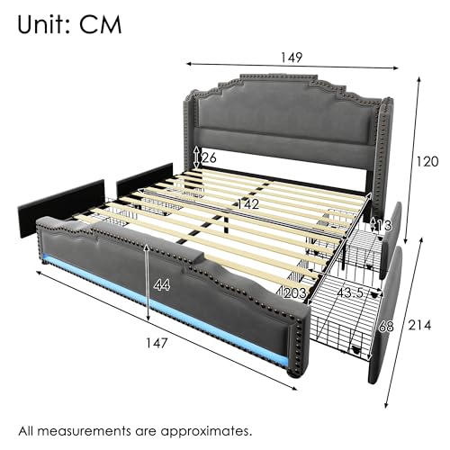 Pangshiyuan Polsterbett 140x200 cm mit 4 Schubladen, hydraulischem Stauraum, LED-Beleuchtung und USB-C-Ladeanschluss, Samtbezug, Stauraumbett, Grau, Mit Matratze Pangshiyuan Polsterbett 140x200 cm mit 4 Schubladen, hydraulischem Stauraum, LED-Beleuchtung und USB-C-Ladeanschluss, Samtbezug, Stauraumbett, Grau, Mit Matratze von Pangshiyuan